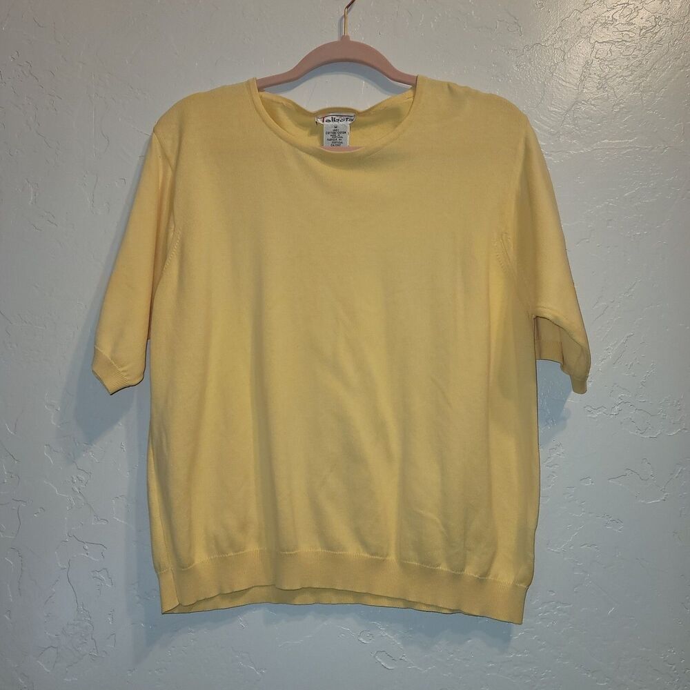 Talbots Womens Sz M Short Sleeve Boxy Knit Blouse Top Casual Yellow 100% Cotton